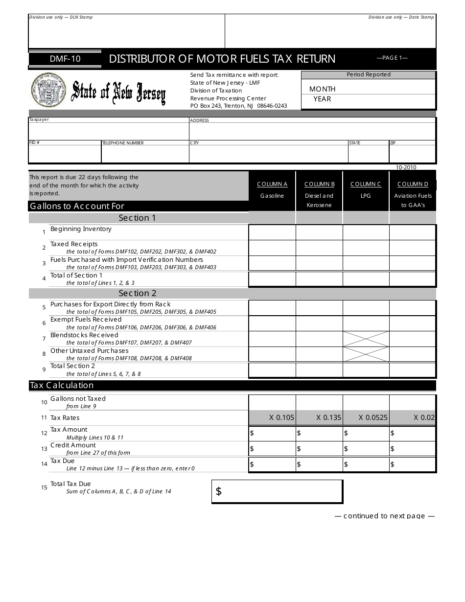 Form DMF-10 Distributor of Motor Fuels Tax Return - New Jersey, Page 1