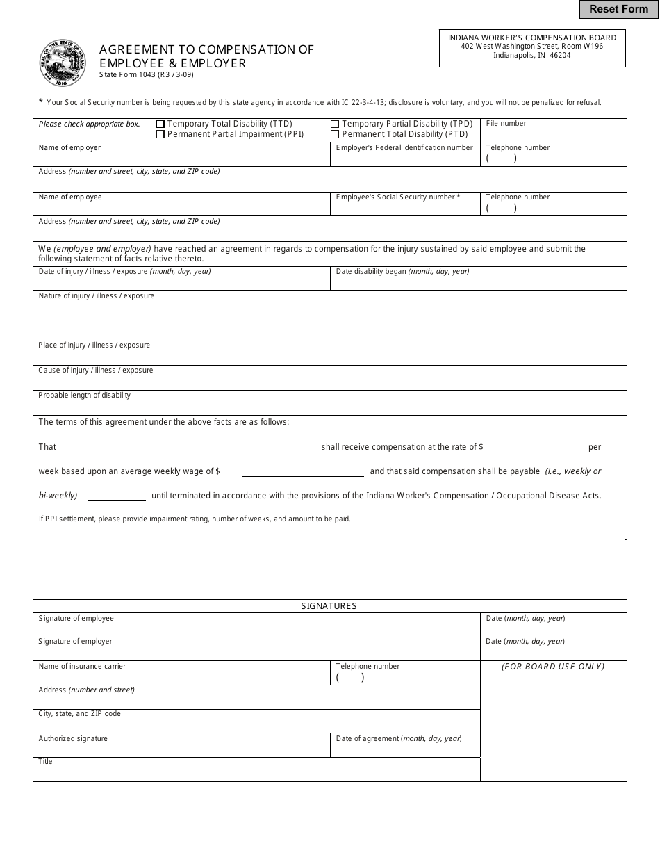 State Form 1043 Agreement to Compensation of Employee  Employer - Indiana, Page 1