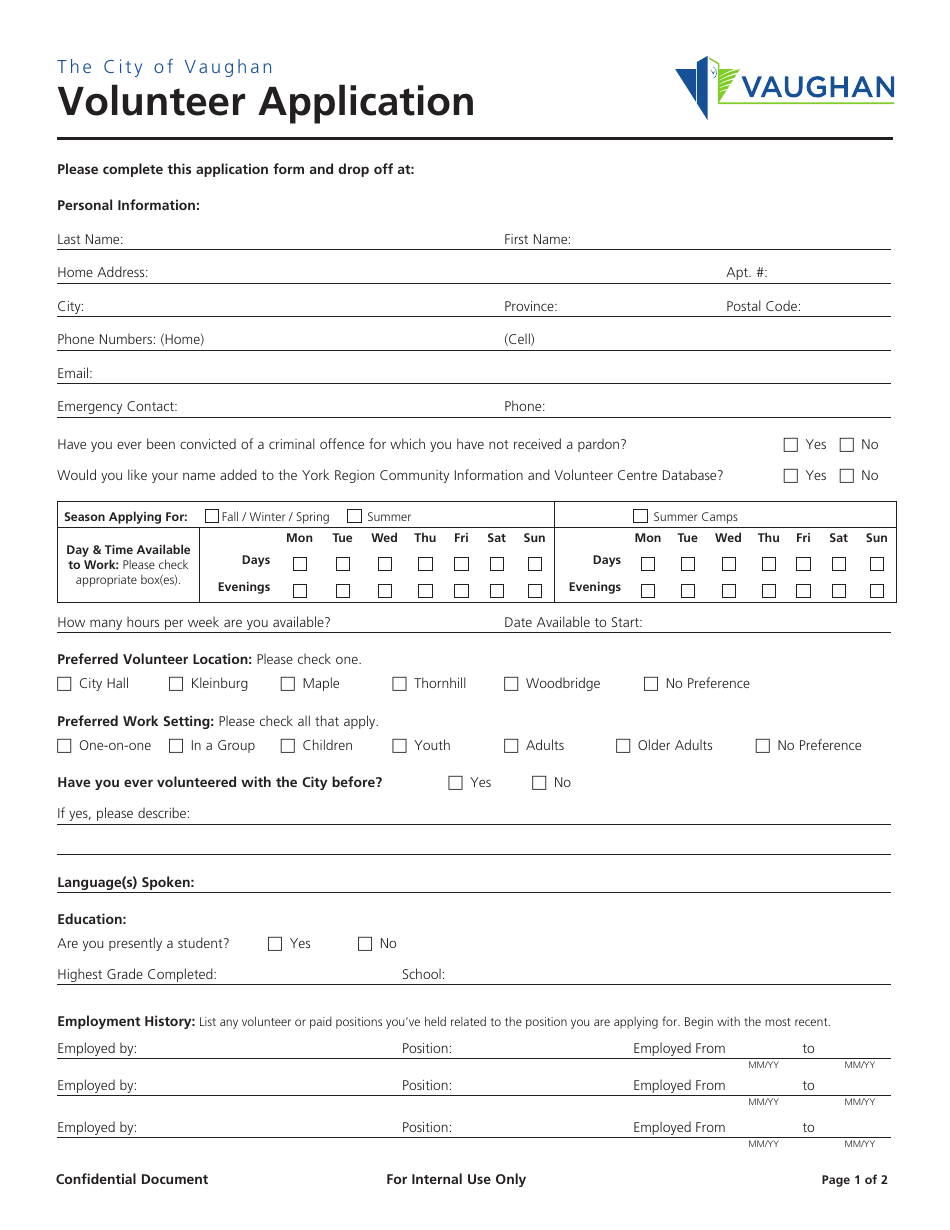 Volunteer Application Form - City of Vaughan, Ontario, Canada, Page 1