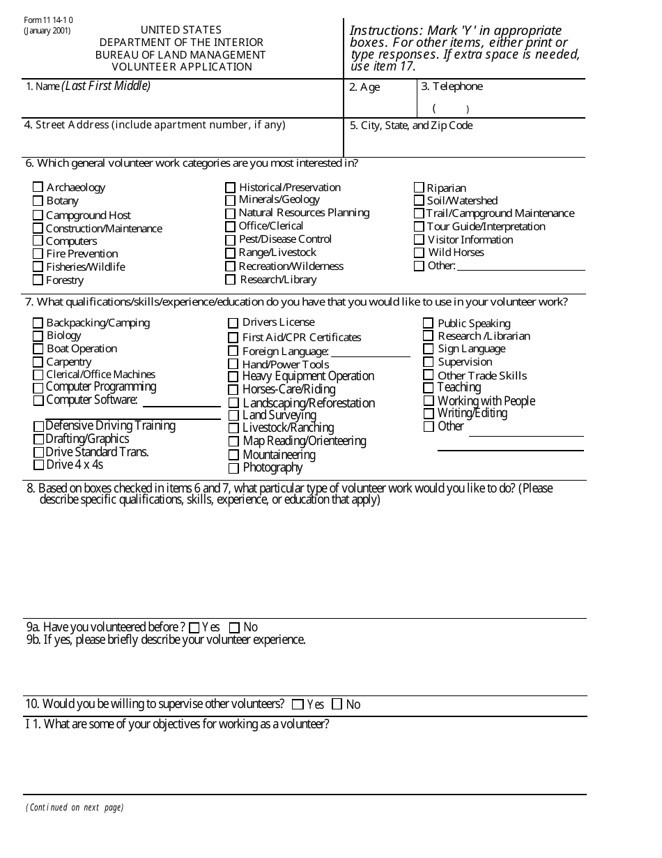 BLM Form 1114-10 Volunteer Application, Page 1