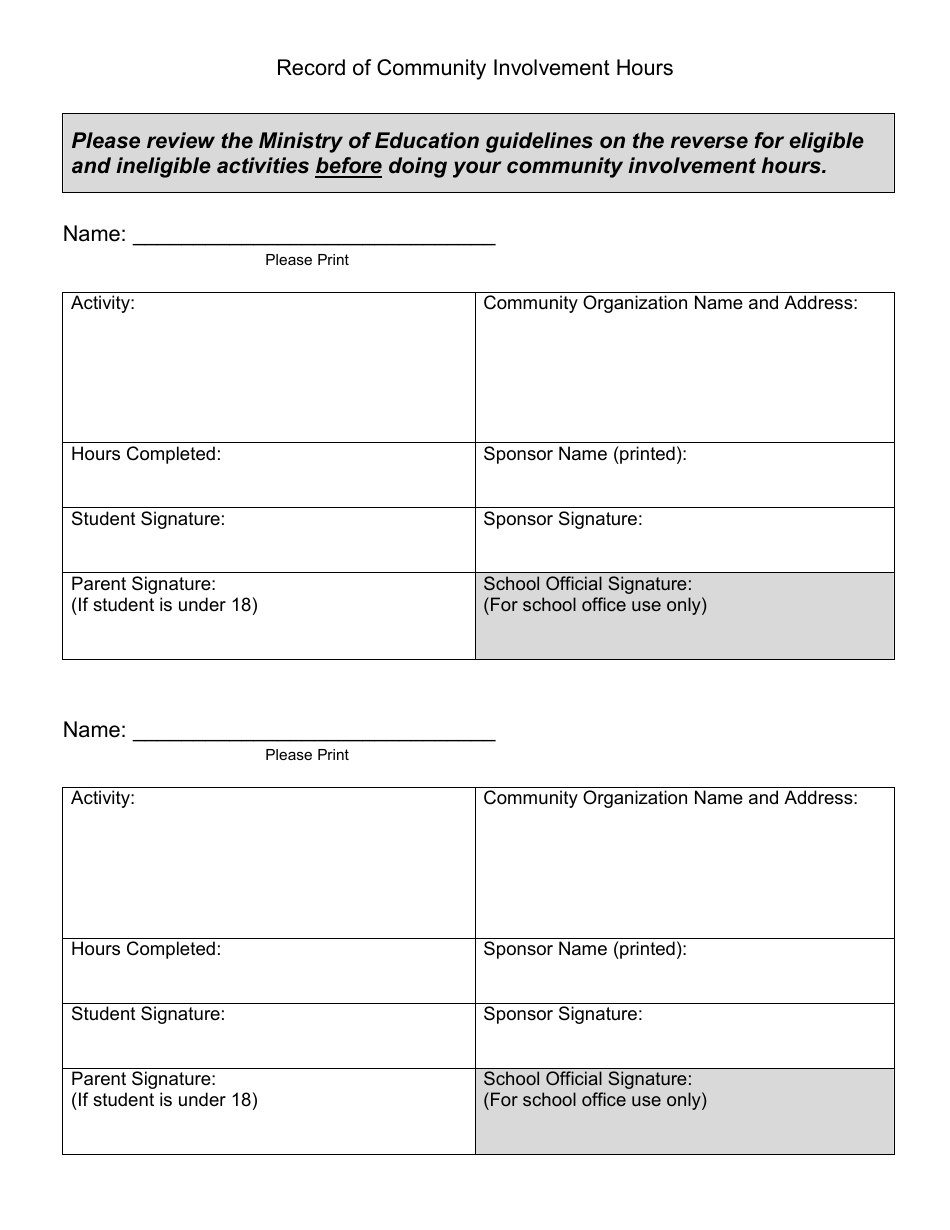 Community Involvement Hours Record Form, Page 1