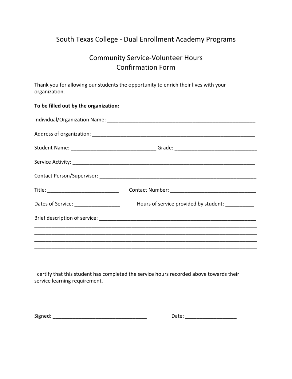 Student Community Service-Volunteer Hours Confirmation Form, Page 1