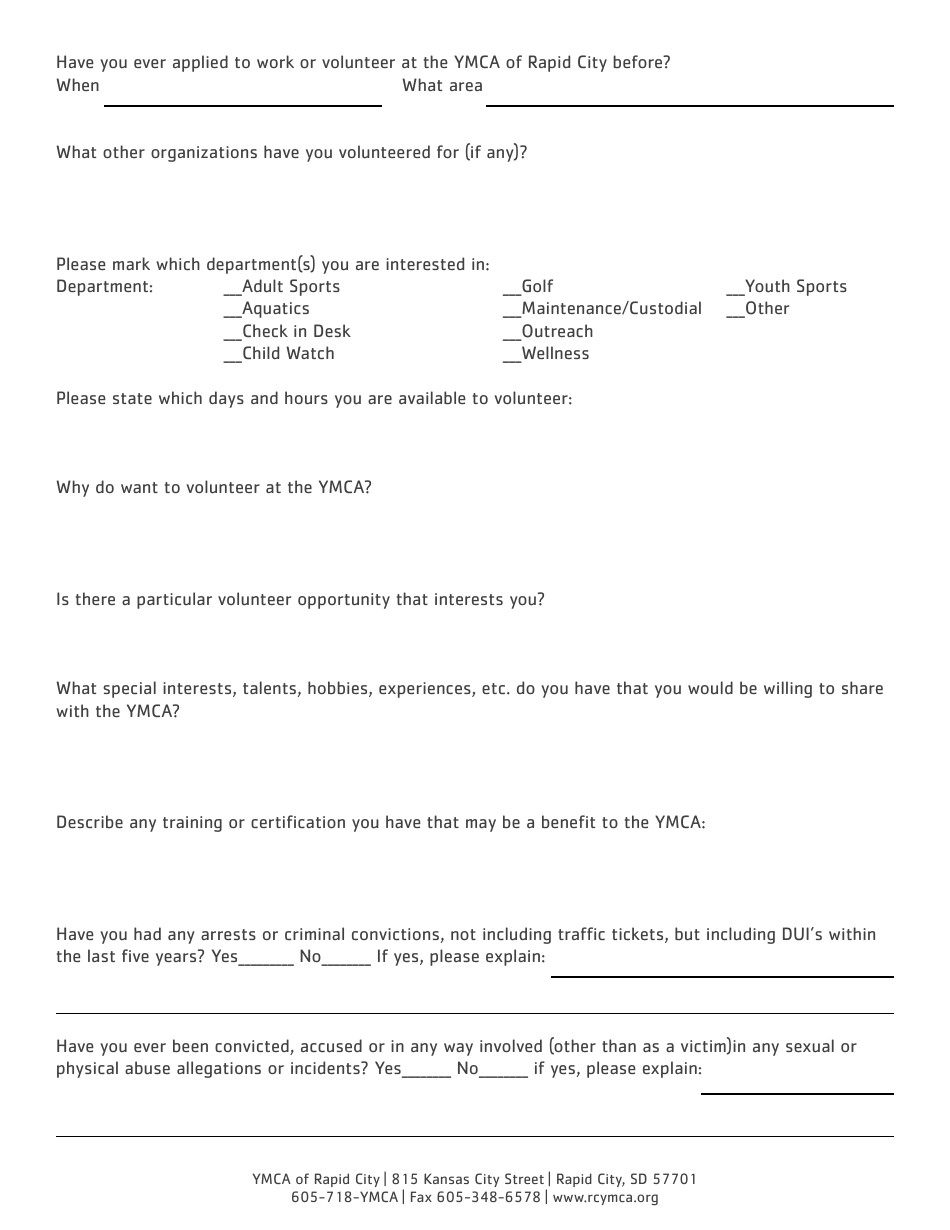 Volunteer Application Form - Ymca of Rapid City - Rapid City, South Dakota, Page 6