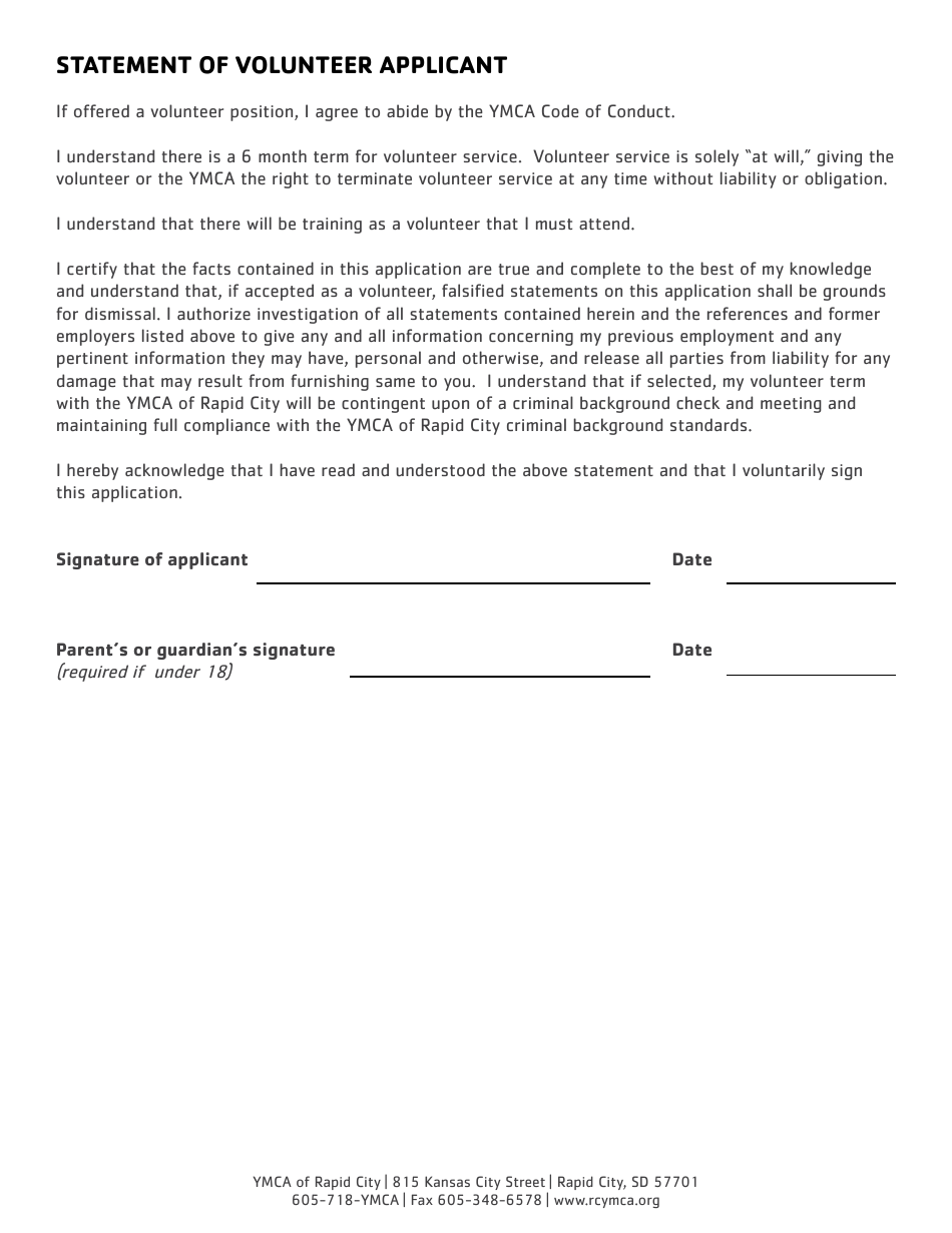 Volunteer Application Form - Ymca of Rapid City - Rapid City, South Dakota, Page 7