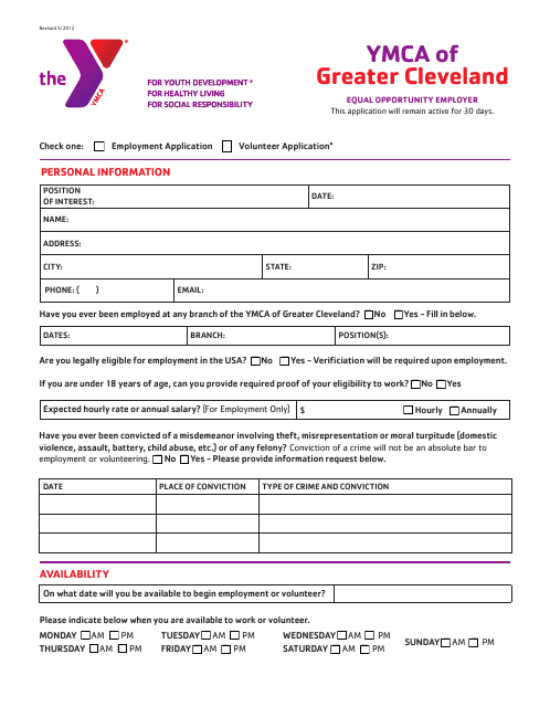 Equal Opportunity Employer Application Form - Ymca - Greater Cleveland, Ohio