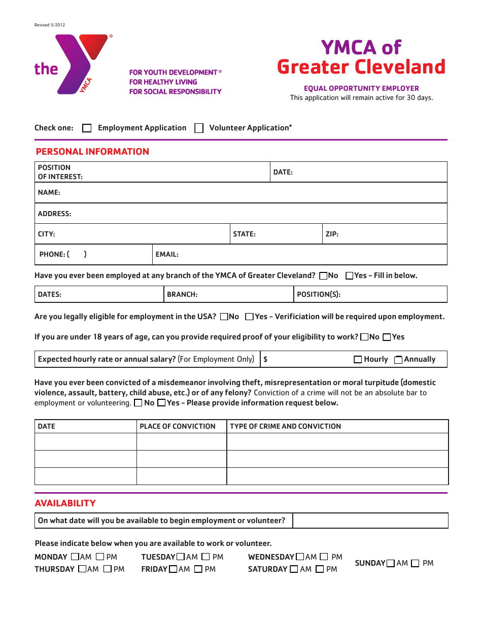 Equal Opportunity Employer Application Form - Ymca - Greater Cleveland, Ohio, Page 1