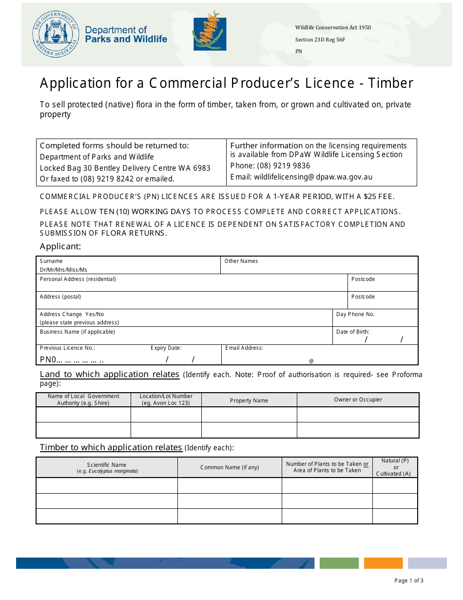 Application Form for a Commercial Producers Licence - Timber - Western Australia, Australia, Page 1