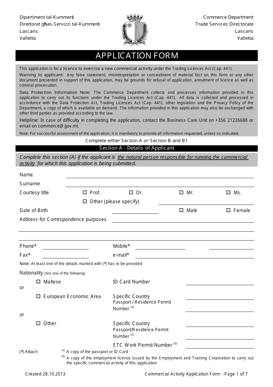 Application Form for a Commercial Activity - Valletta, Malta, Page 1