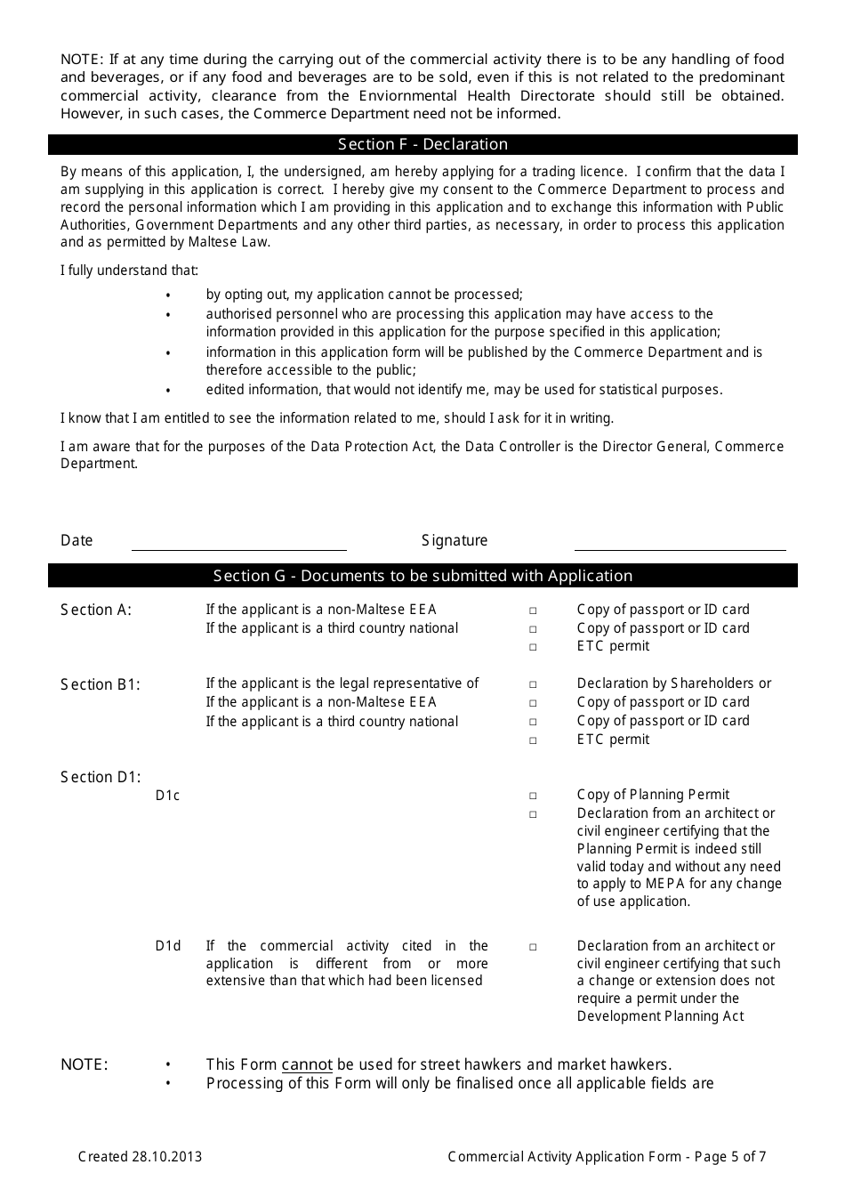 Application Form for a Commercial Activity - Valletta, Malta, Page 5