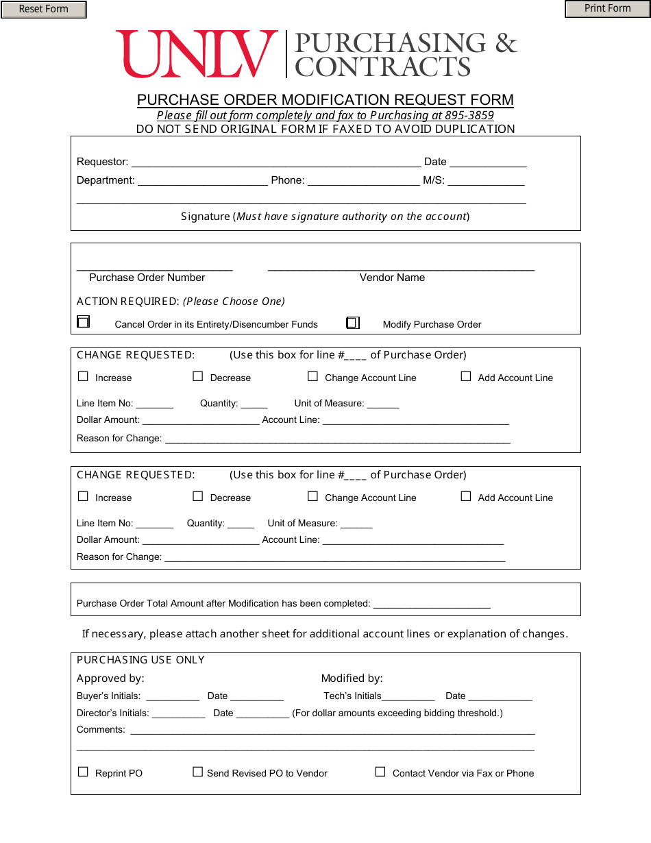 Purchase Order Modification Request Form - Unlv, Page 1