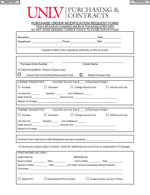 Purchase Order Modification Request Form - Unlv Download Pdf