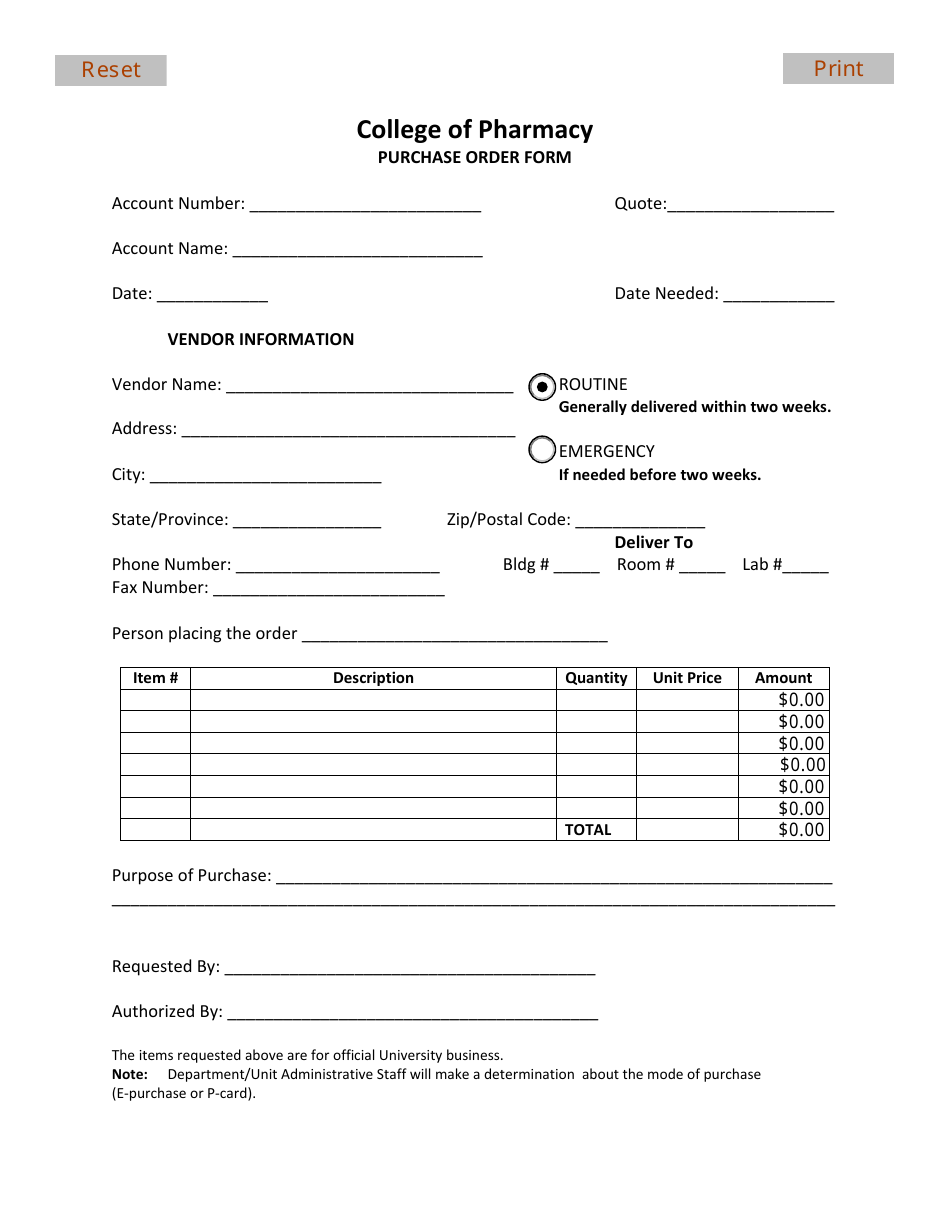 Purchase Order Form - College of Pharmacy, Page 1