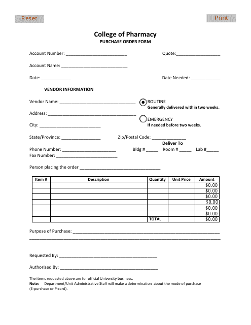 Purchase Order Form - College of Pharmacy