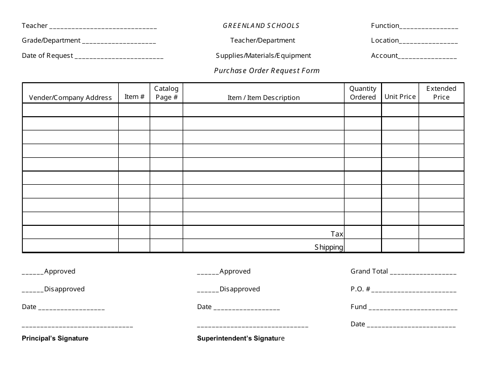 Purchase Order Request Form - Greenland Schools, Page 1