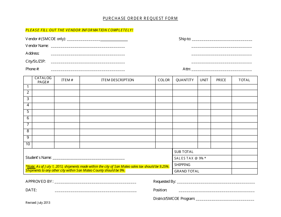 Purchase Order Request Form - July 2013, Page 1