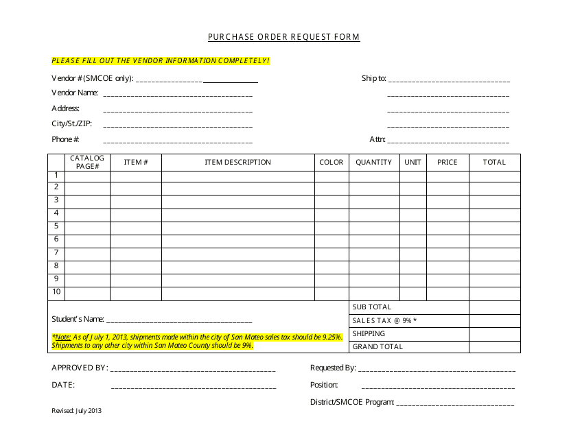 Purchase Order Request Form - July 2013