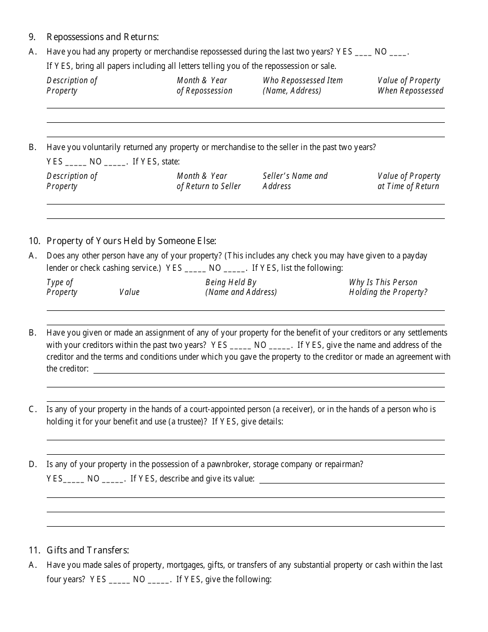 Bankruptcy Questionnaire Template, Page 10