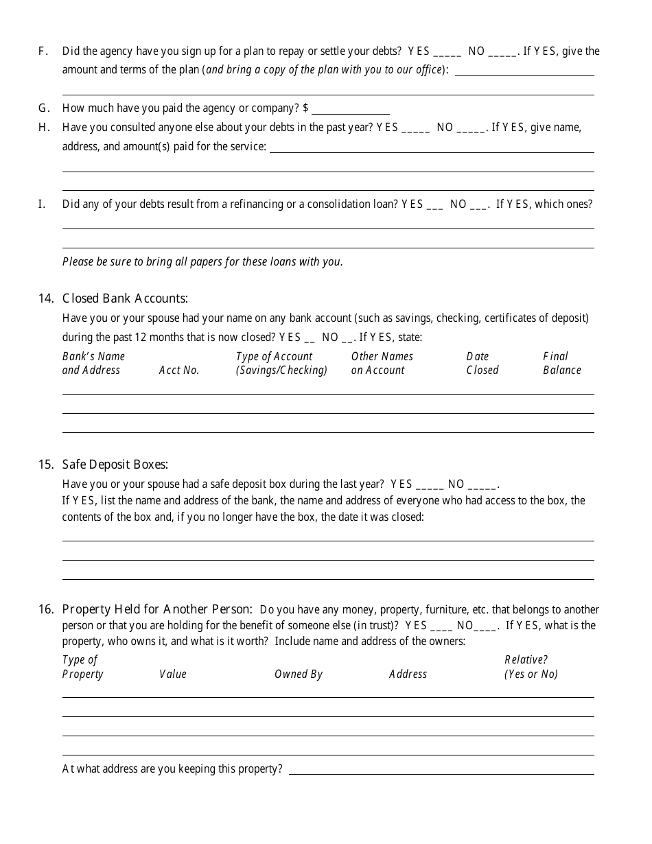 Bankruptcy Questionnaire Template, Page 12