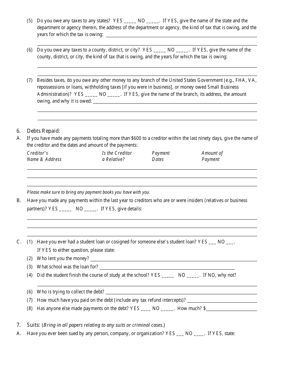 Bankruptcy Questionnaire Template, Page 8