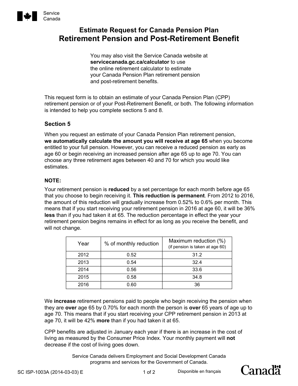 Form ISP-1003A Estimate Request for Canada Pension Plan Retirement Pension and Post-retirement Benefit - Canada, Page 1
