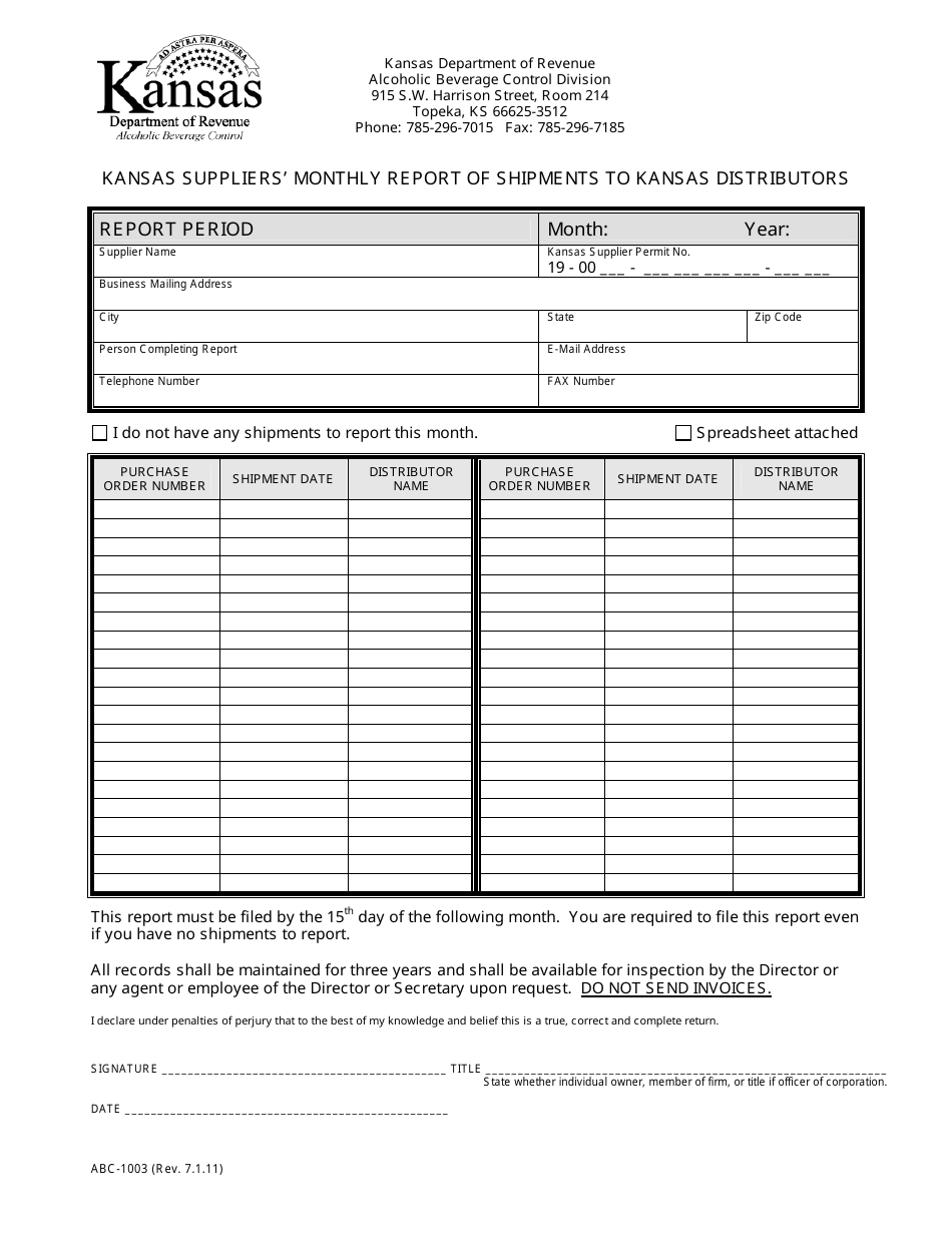 Form ABC-1003 Kansas Suppliers Monthly Report of Shipments to Kansas Distributors - Kansas, Page 1
