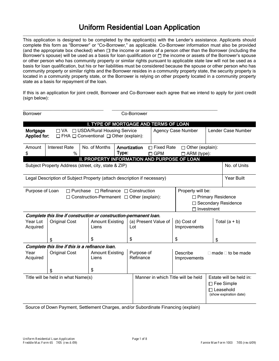 Freddie Mac Form 65 (Fannie Mae Form 1003) Uniform Residential Loan Application, Page 1