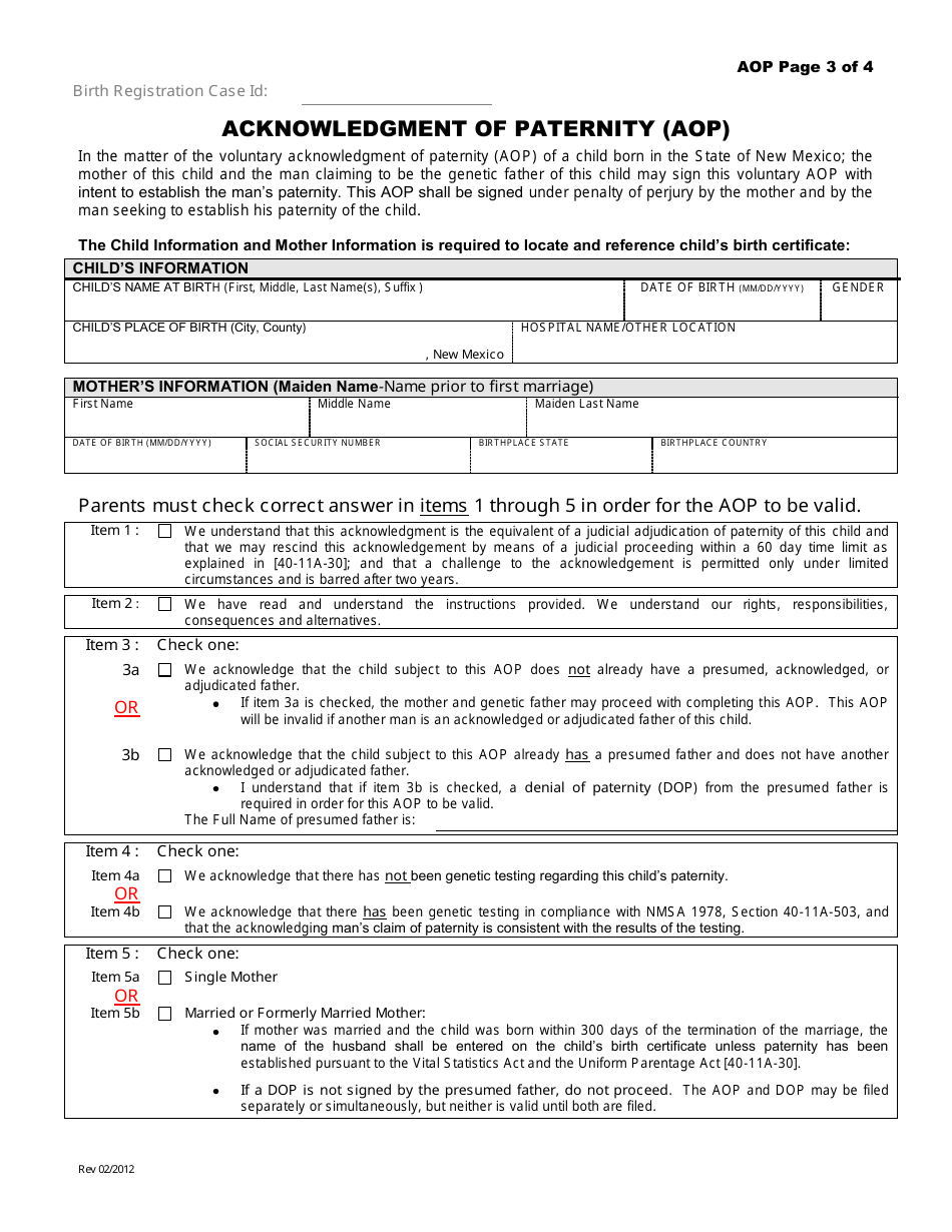 Paternity Acknowledgment Form - New Mexico, Page 3
