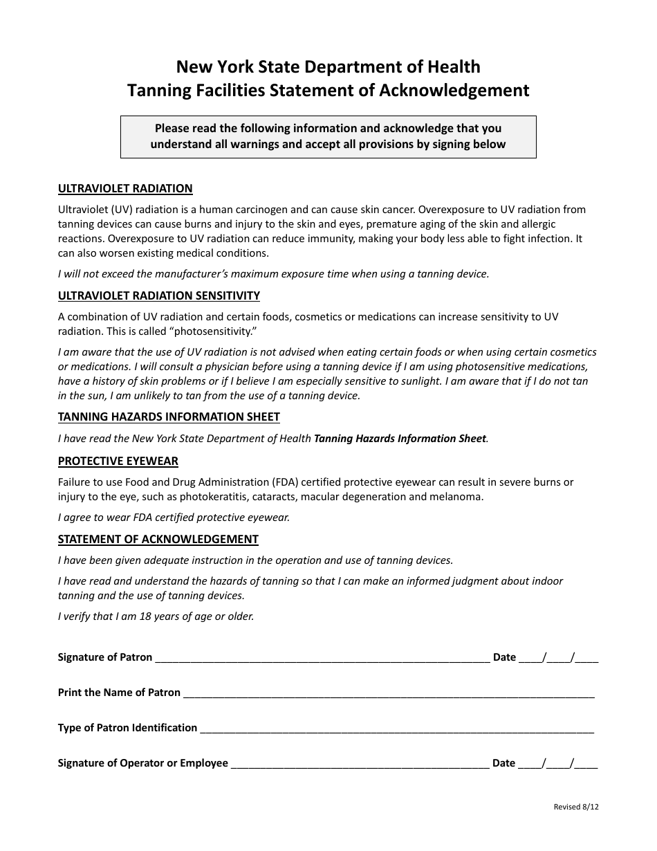 Tanning Facilities Statement of Acknowledgement Form - New York, Page 1