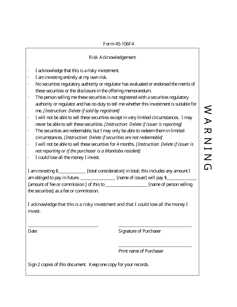 Form 45-106F4 Risk Acknowledgement - Ontario, Canada, Page 1