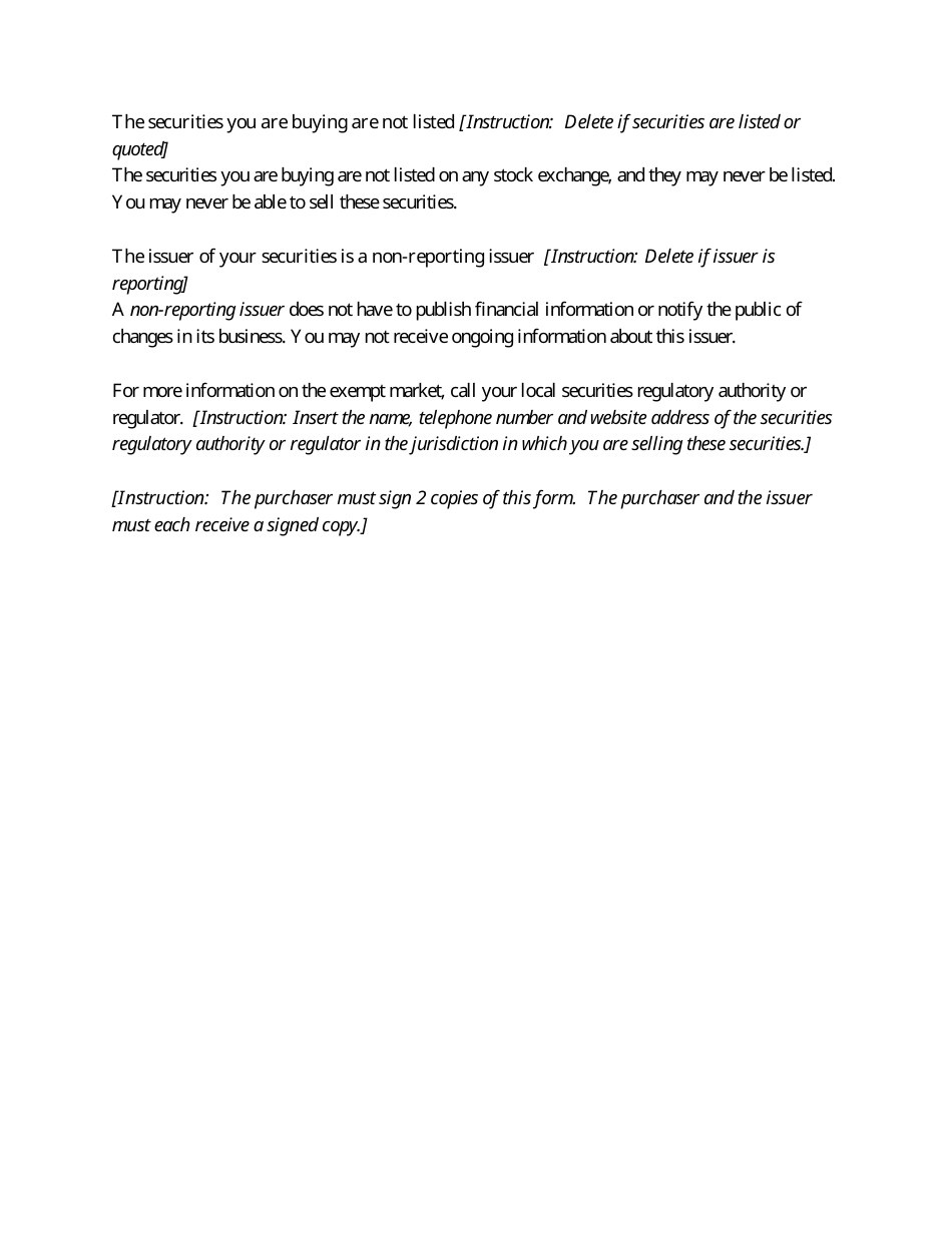 Form 45-106F4 Risk Acknowledgement - Ontario, Canada, Page 3