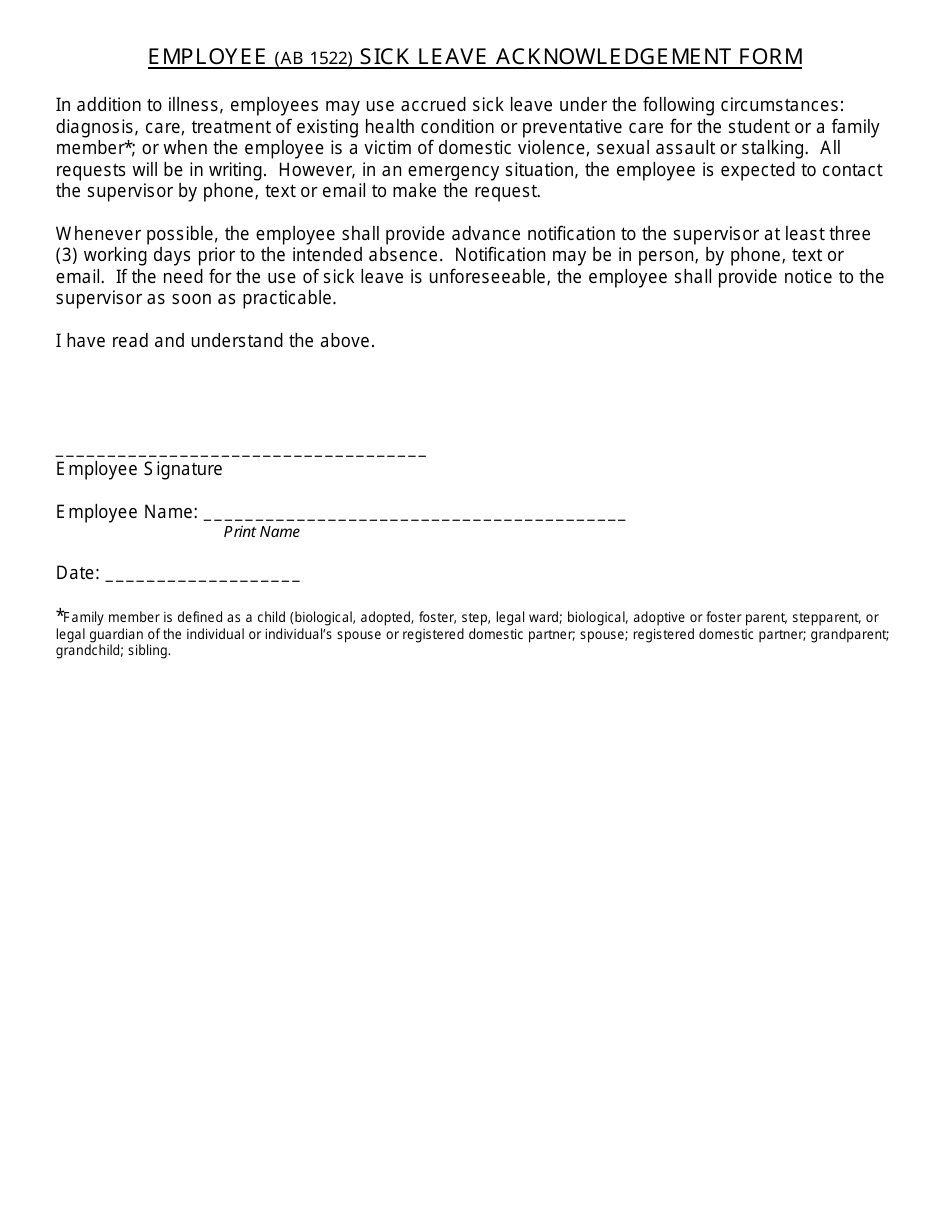 Employee Sick Leave Acknowledgement Form, Page 1