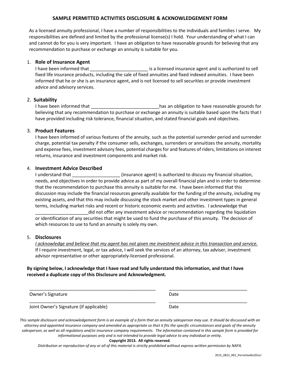 Sample Permitted Activities Disclosure  Acknowledgement Form, Page 1