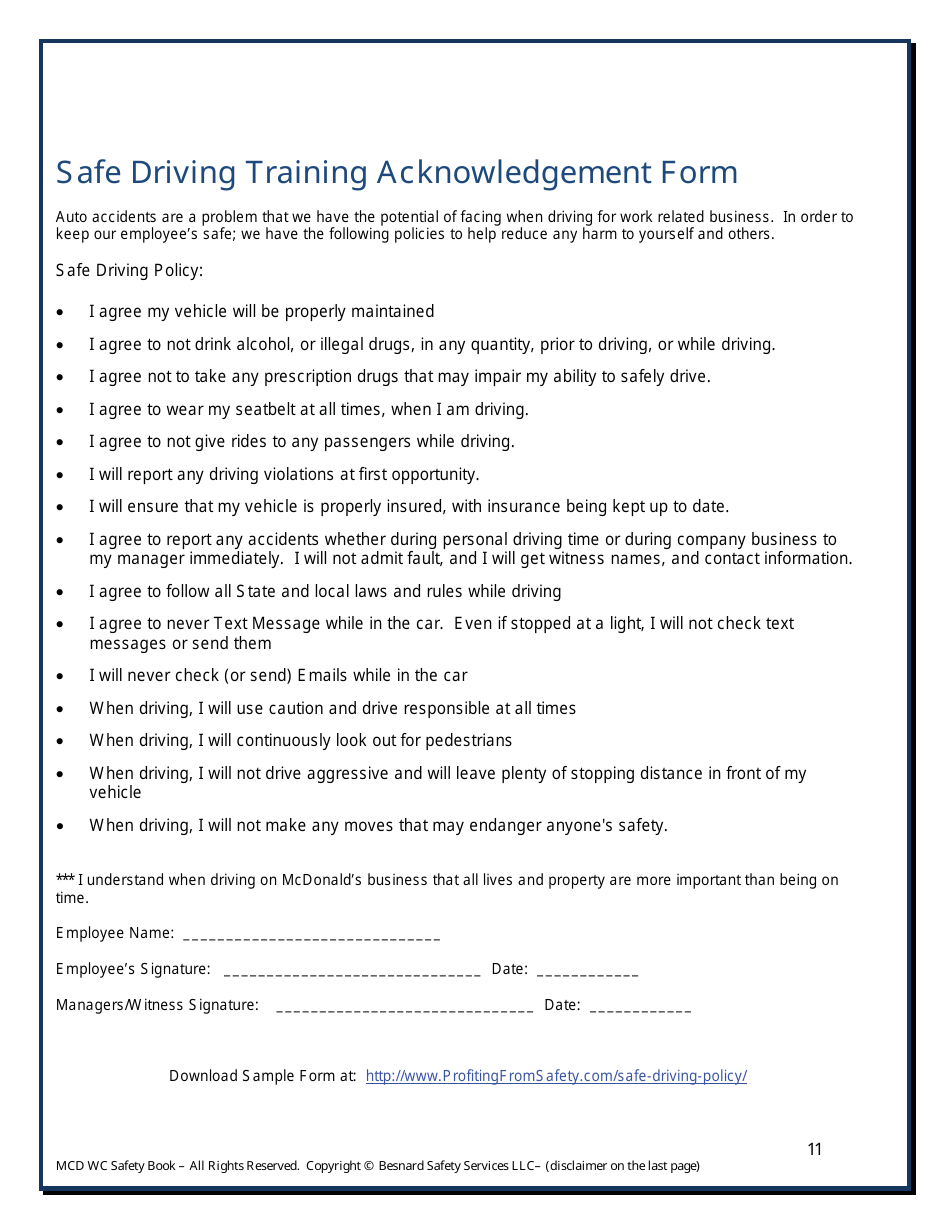 Safe Driving Training Acknowledgement Form, Page 1