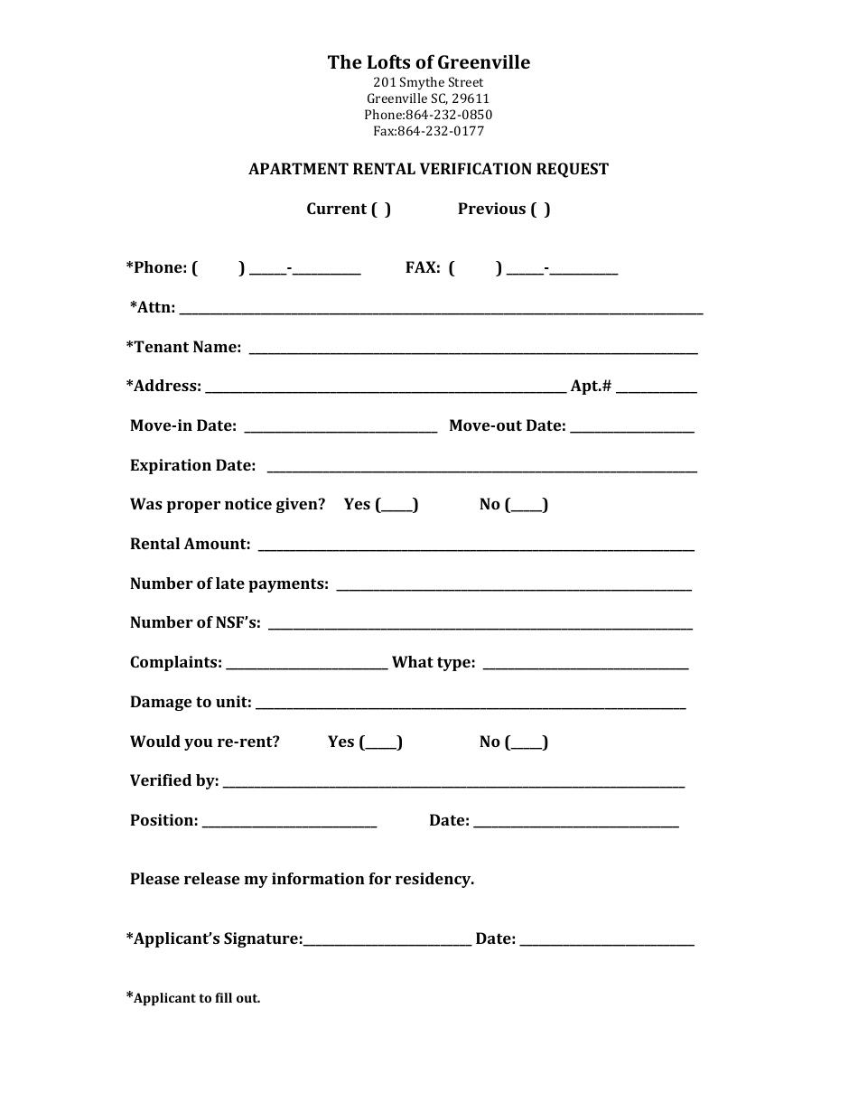 Apartment Rental Verification Request Form, Page 1