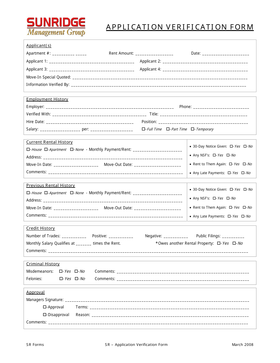 Application Verification Form - Sunridge Management Group, Page 1