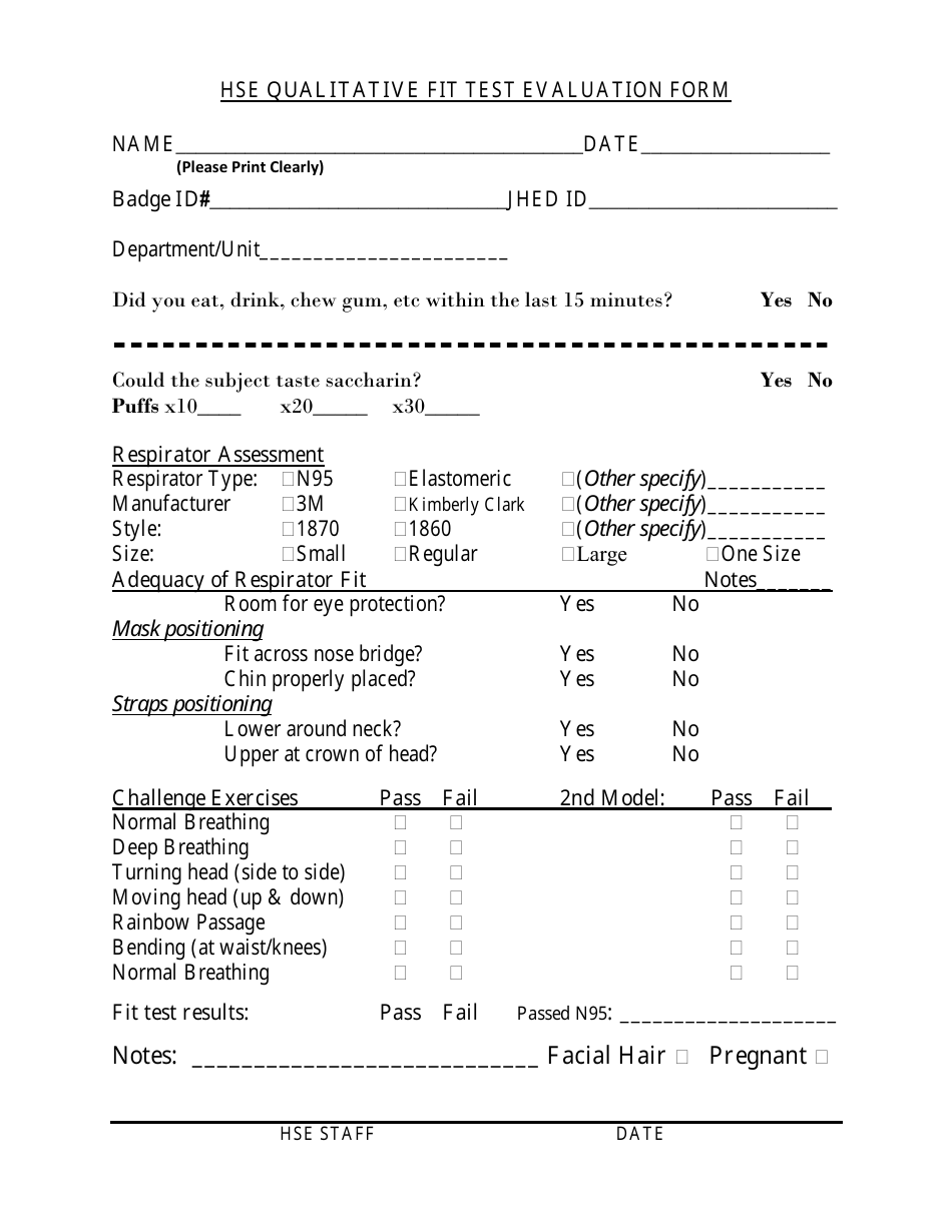 Hse Qualitative Fit Test Evaluation Form - United Kingdom, Page 1