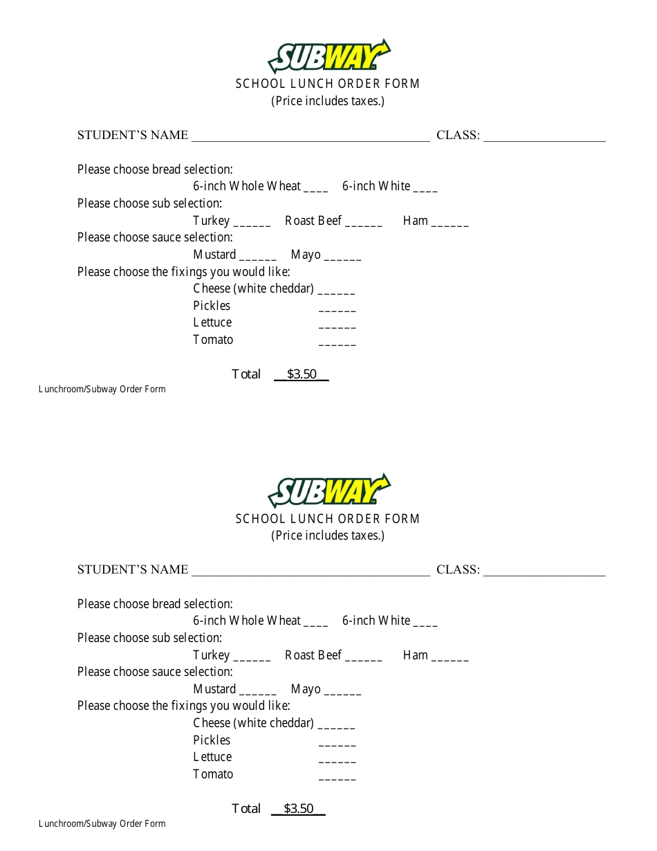 School Lunch Order Form Subway Download Printable PDF Templateroller