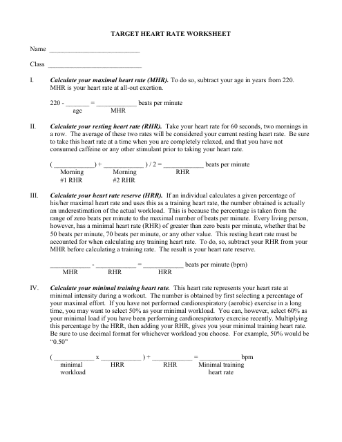 Target Heart Rate Worksheet Six Points Download Printable PDF