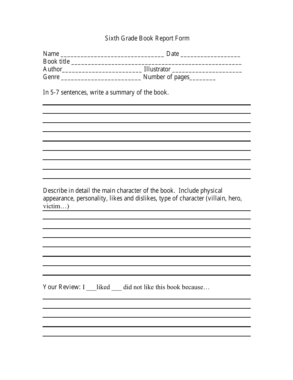 Sixth Grade Book Report Form Download Printable PDF  Templateroller In Book Report Template Grade 1