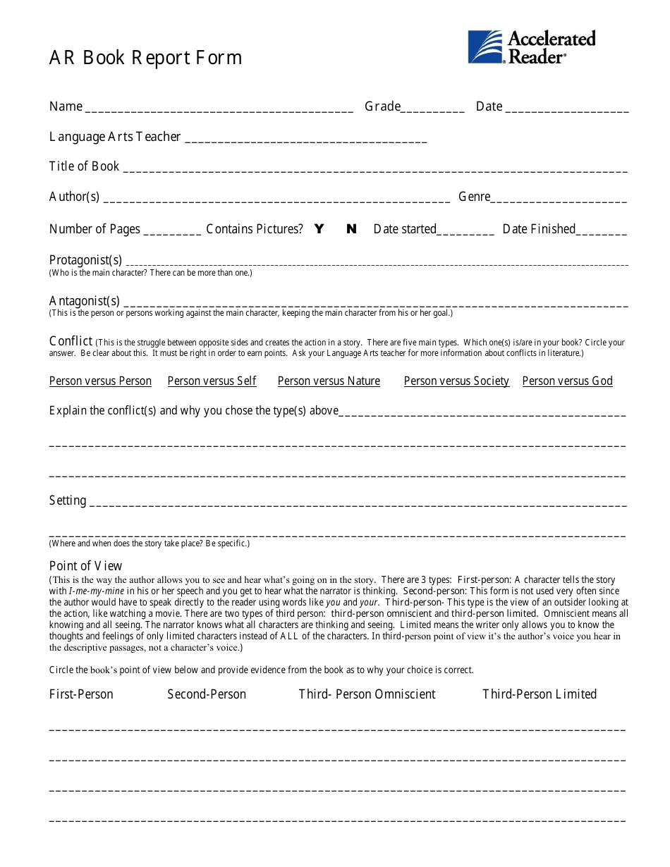 Ar Book Report Form Template - Accelerated Reader, Page 1