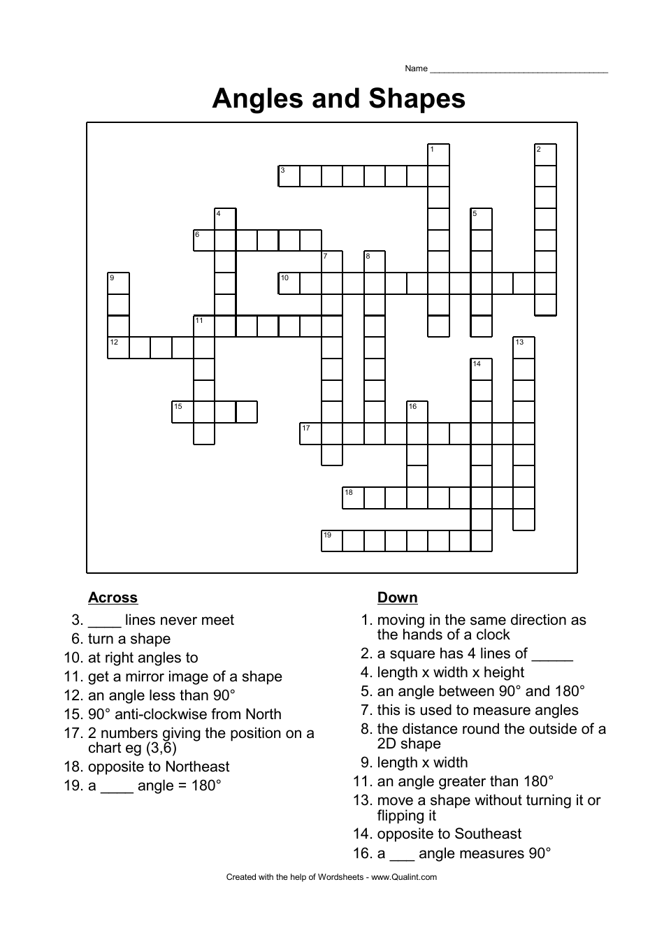 Angles and Shapes Crossword Puzzle Template With Answers, Angles and Shapes Word Search Puzzle Template With Answers, Page 1