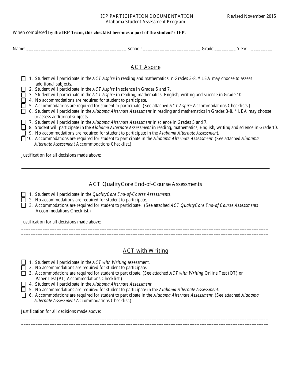 Iep Participation Documentation Form - Alabama, Page 1
