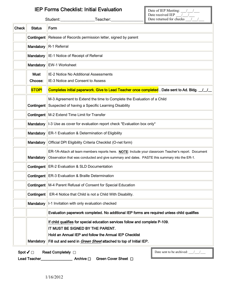 Iep Forms Checklist Template, Page 1