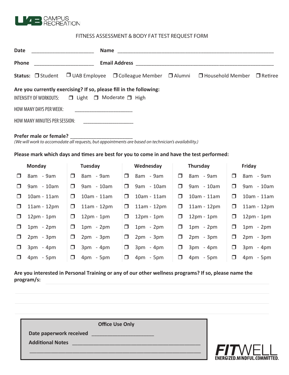 Fitness Assessment & Body Fat Test Request Form Campus Recreation