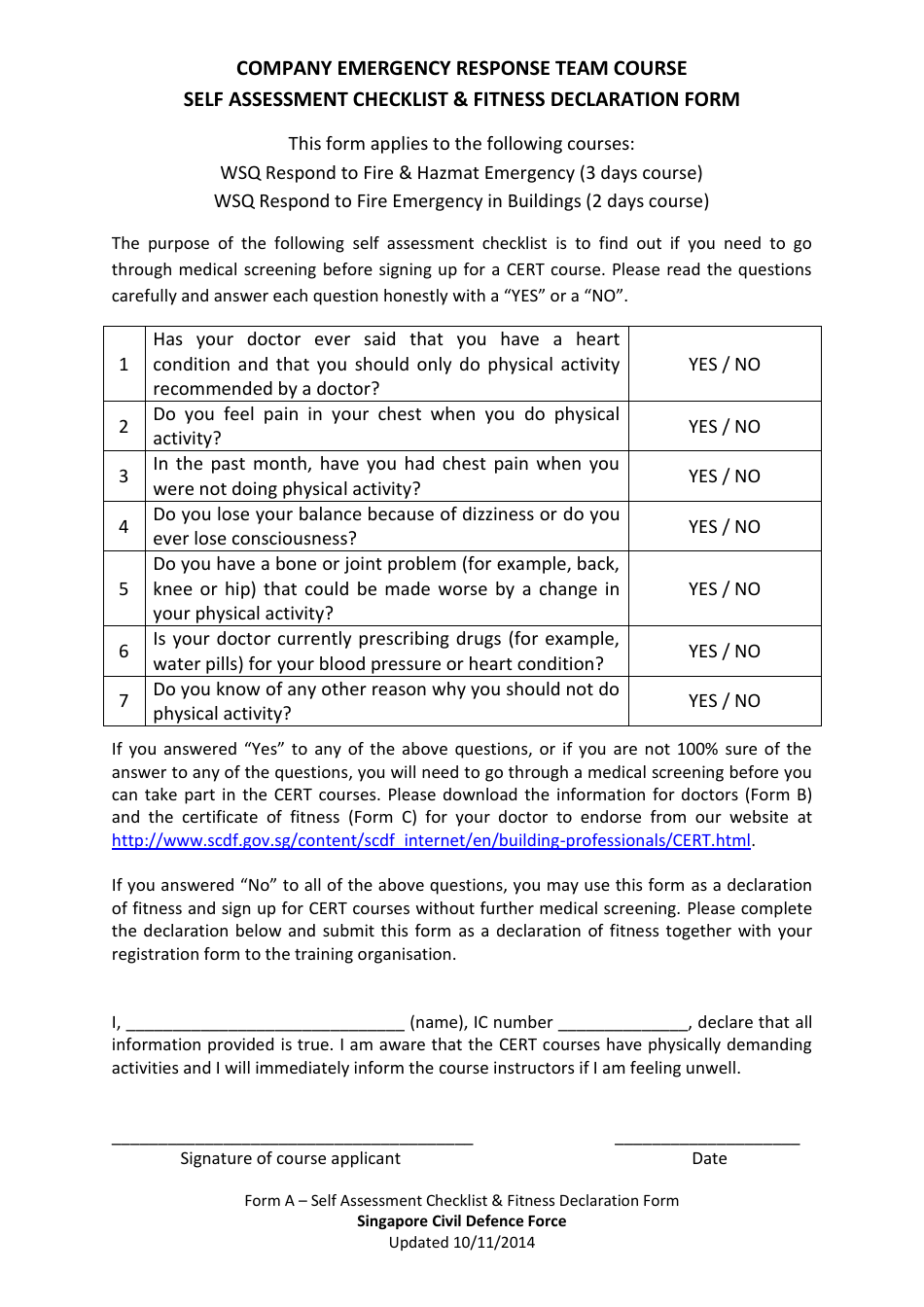 Form A Self Assessment Checklist  Fitness Declaration Form - Singapore, Page 1