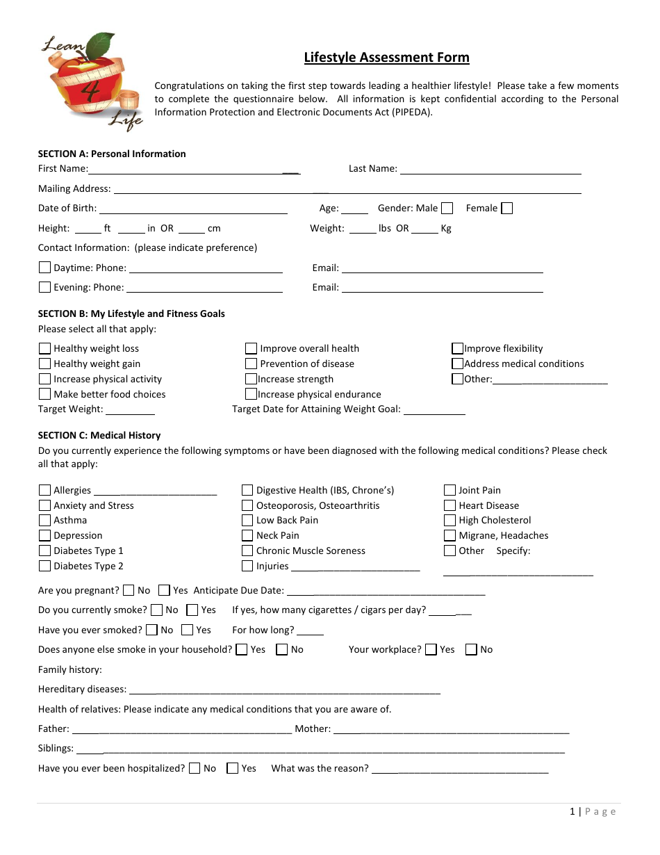 Lifestyle Assessment Form, Page 1