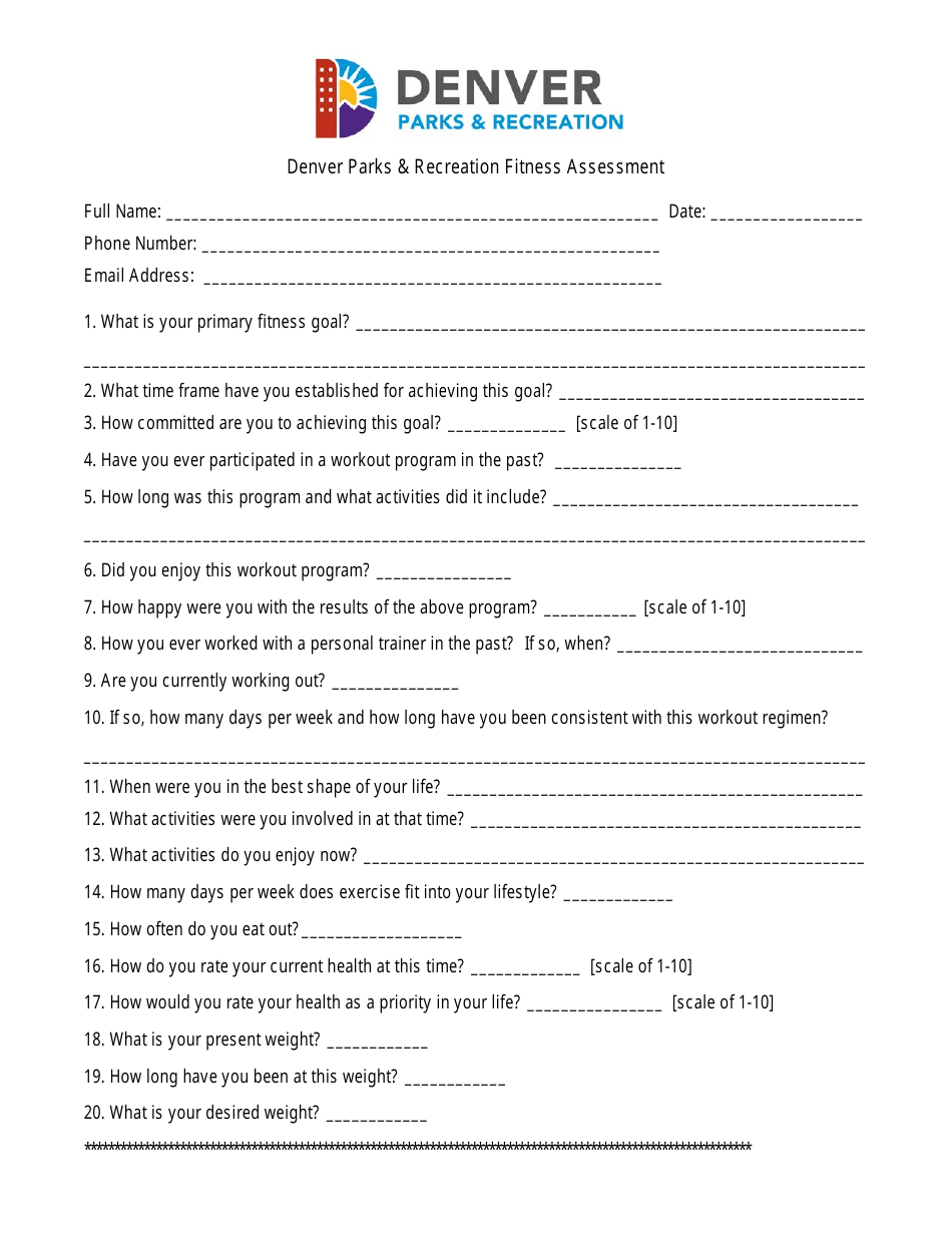 Fitness Assessment Form - Denver Parks  Recreation, Page 1