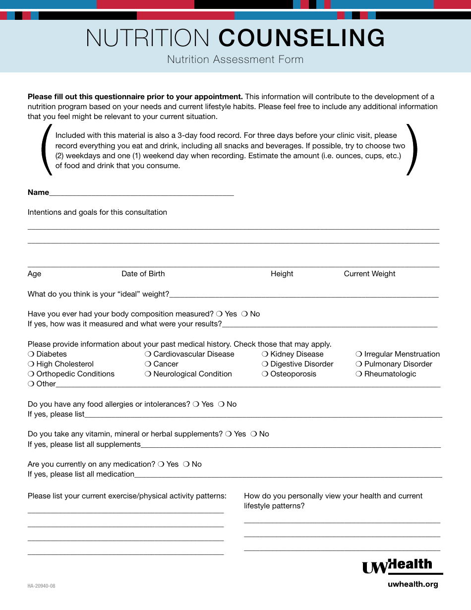 Nutrition Assessment Form - Uw Health, Page 1