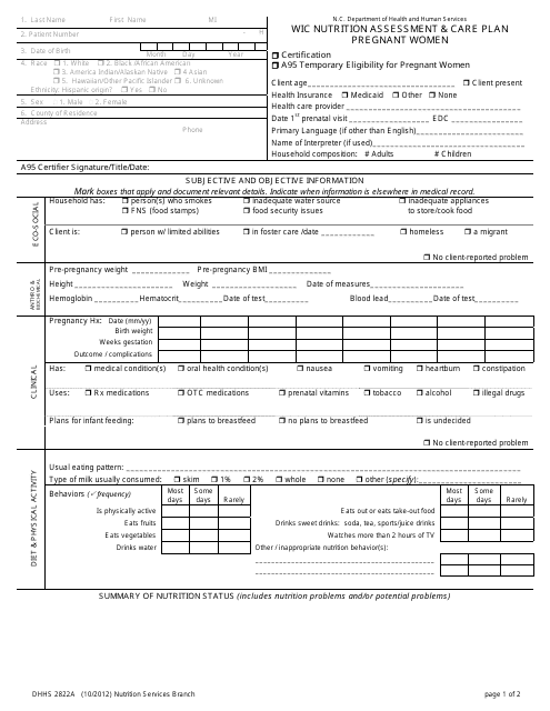 Form DHHS-2822A Wic Nutrition Assessment for Pregnant Women - North Carolina