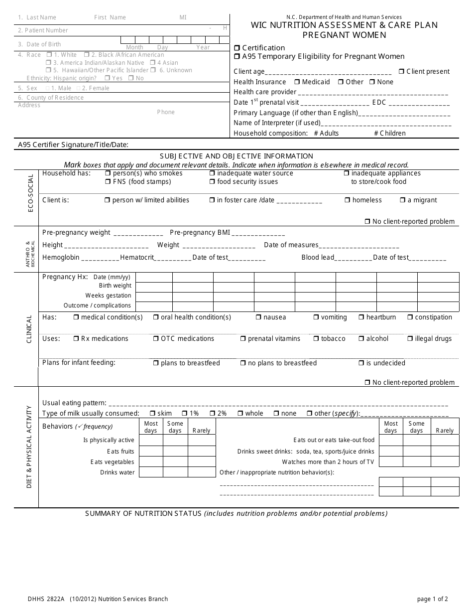 Form DHHS-2822A Wic Nutrition Assessment for Pregnant Women - North Carolina, Page 1